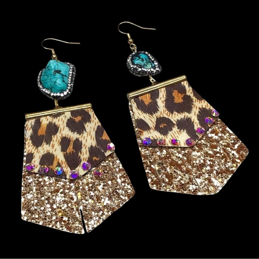 Ella & Elly Turquoise & Leopard Sequin Drop Earrings